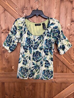 Axcess Liz Claiborne Women’s M Floral Blouse Blue Green Empire Waist Bell Sleeve
